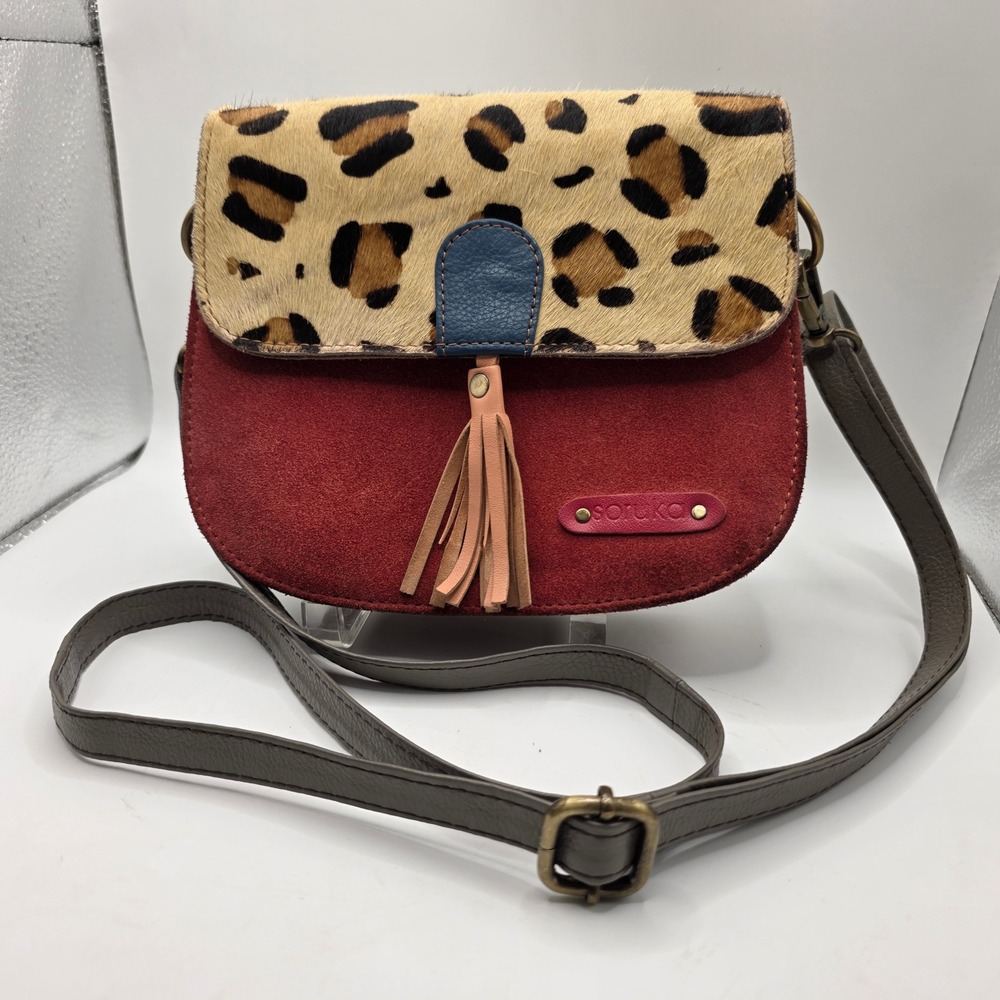 Soruka Leather Crossbody Bag Leopard Hair-on Hide Tassel Multi-Color Patchwork